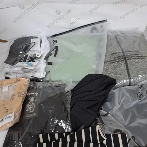 LARGE BOX OF ASSORTED CLOTHING ITEMS IN VARIOUS COLOURS AND SIZES INCLUDING TROUSERS , TOPS AND JUMPERS