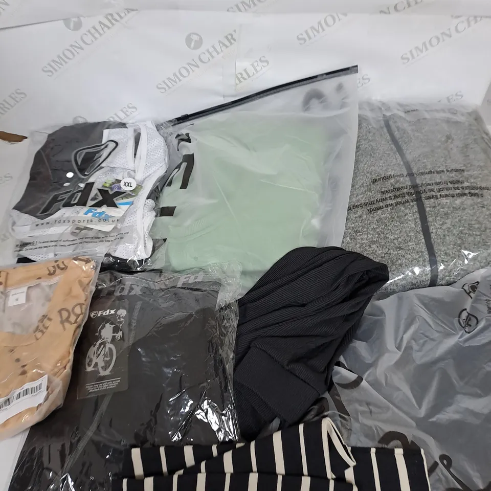 LARGE BOX OF ASSORTED CLOTHING ITEMS IN VARIOUS COLOURS AND SIZES INCLUDING TROUSERS , TOPS AND JUMPERS 