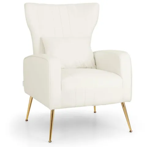 BOXED COSTWAY VELVET UPHOLSTERED WINGBACK CHAIR WITH LUMBAR PILLOW AND GOLDEN METAL LEGS - WHITE