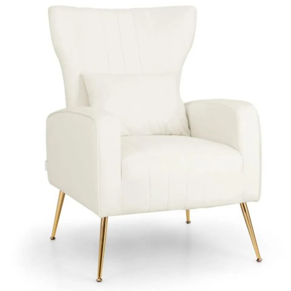 BOXED COSTWAY VELVET UPHOLSTERED WINGBACK CHAIR WITH LUMBAR PILLOW AND GOLDEN METAL LEGS - WHITE