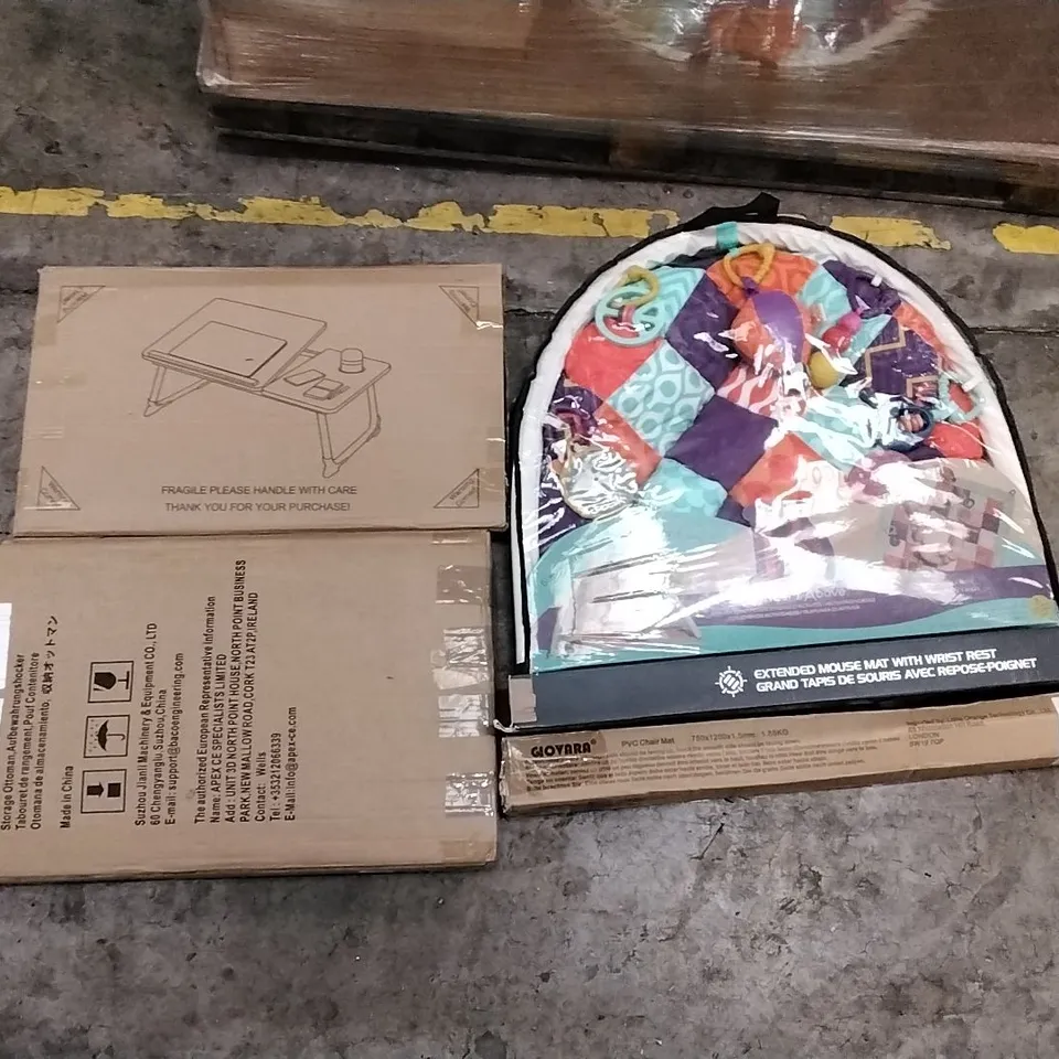 PALLET OF ASSORTED PRODUCTS INCLUDING STORAGE OTTOMAN, BABY ACTIVITY QUILT, PVC CHAIR MAT, MULTIFUNCTIONAL LAPTOP DESK