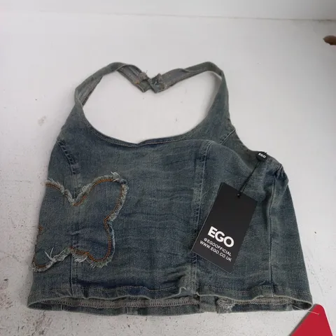 EGO WOMEN’S DENIM HALTERNECK TOP WITH BUTTERFLY APPLIQUE – BLUE, UK 8