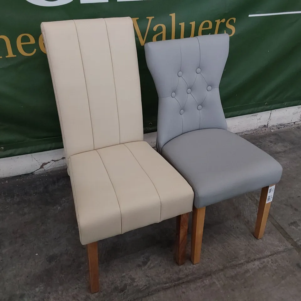 TWO UPHOLSTERED BUTTONED BACK DINING CHAIRS CREAM PU & GREY PU