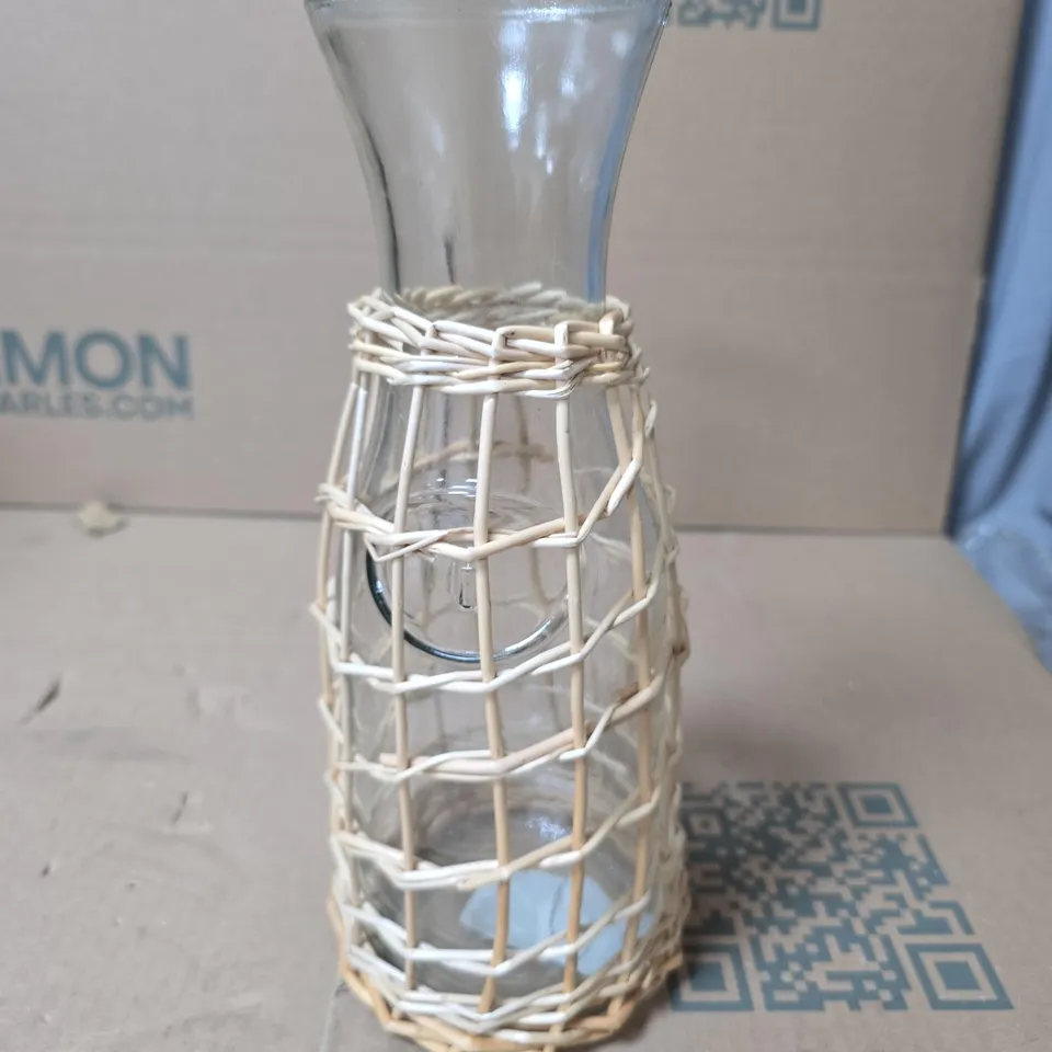 LOT OF 4 GISELA GRAHAM GLASS WINE CARAFES WITH RATTAN STYLE DECOR