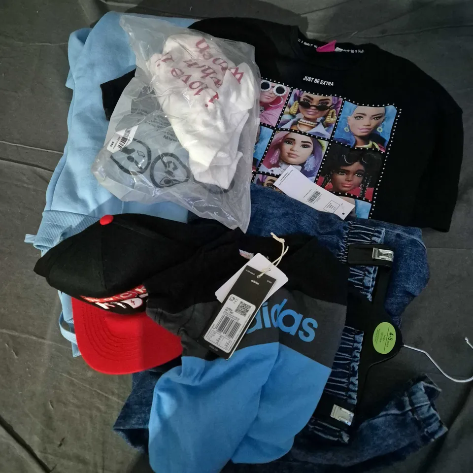 APPROXIMATELY 35 ASSORTED KIDS CLOTHING ITEMS IN VARIOUS SIZES, STYLES & COLOURS TO INCLUDE BRANDS SUCH AS ADIDAS, GEORGE, BARBIE, ETC - COLLECTION ONLY