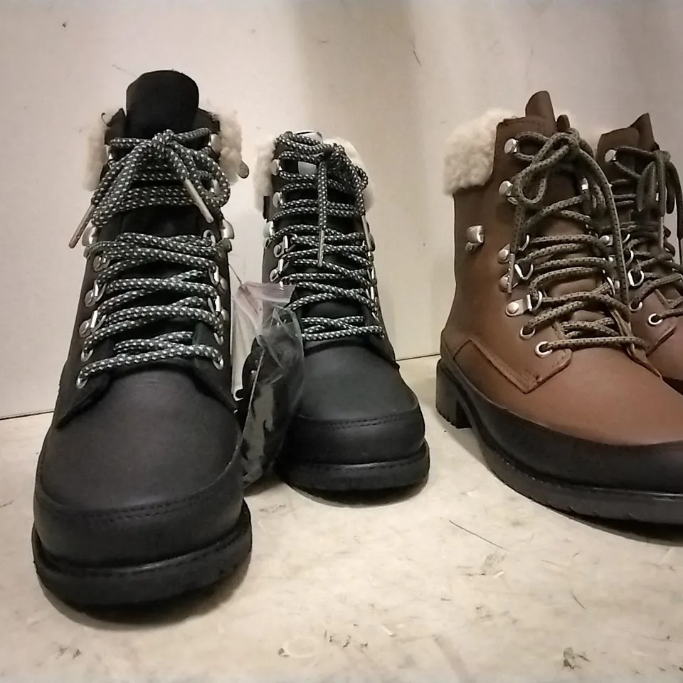BOXED UNISEX EMU AUSTRALIA OKAB BOOTS , 3 PAIR BLACK  SIZE 3 , 1 PAIRS OAK SIZE 9
