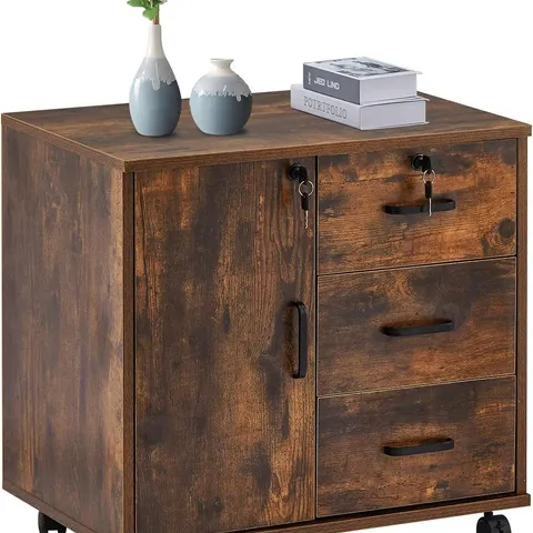 BOXED MOBILE FILE CABINET WITH 3 DRAWERS 1 DOOR OFFICE FILING CABINET WITH LOCKABLE WHEELS