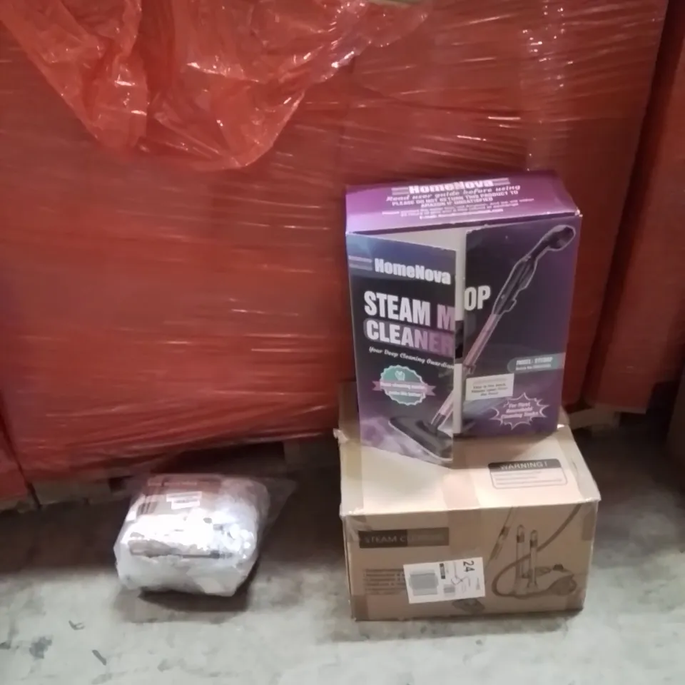 PALLET OF ASSORTED HOUSEHOLD GOODS AND PRODUCTS TO INCLUDE;STEAM CLEANER,MOP,PET BED MAT