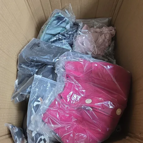 BOX OF APPROXIMATELY 25 ASSORTED CLOTHING ITEMS IN VARIOUS STYLES , COLOURS AND SIZES