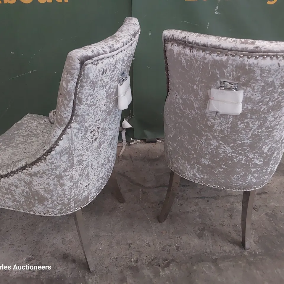 PAIR OF UPHOLSTERED BUTTONED RING BACK DINING CHAIRS SILVER PLUSH FABRIC ON SILVER LEGS 