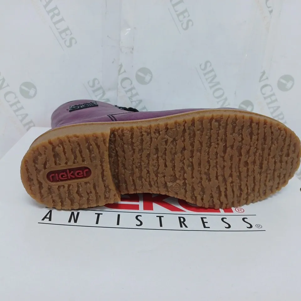 BOXED PAIR OF RIEKER LACE UP BOOTS IN PURPLE SIZE 5