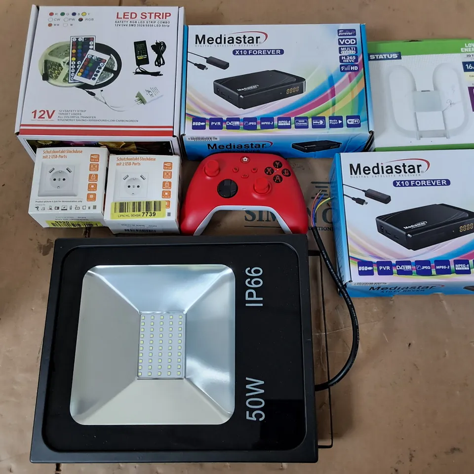 APPROXIMATELY 6 ASSORTED HOUSEHOLD ITEMS TO INCLUDE CONSOLE CONTROLLER, LED STRIP LIGHTS, MEDIASTAR X10, AND OUTDOOR FLOODLIGHT 50W ETC.
