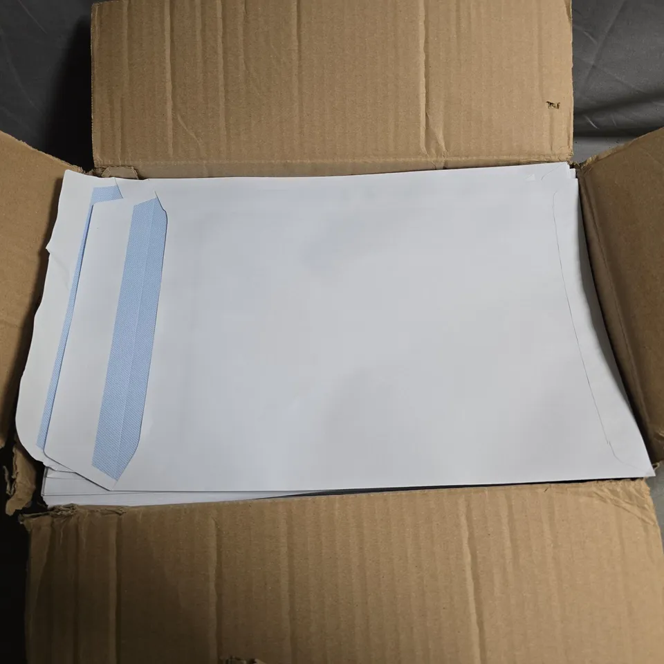 BOX OF APPROXIMATELY 100 WHITE MAILING ENVELOPES WITH BLUE TOP-STRIP