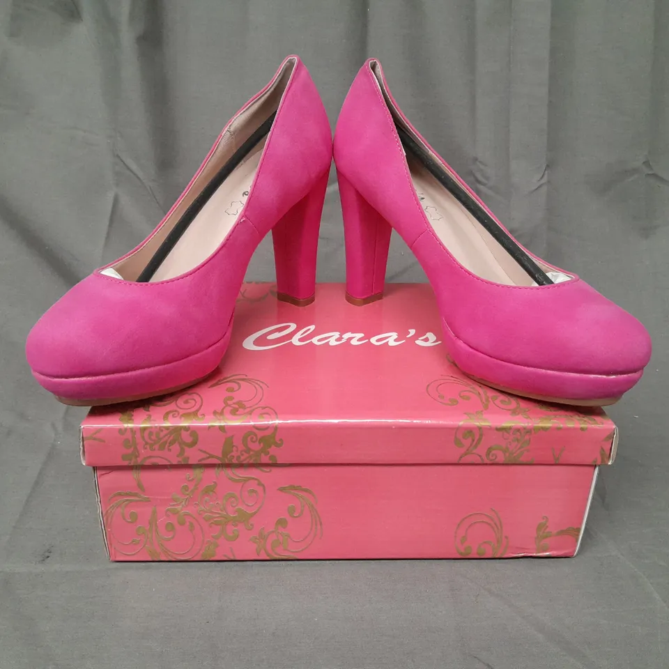 BOXED PAIR OF CLARA'S CLOSED TOE HIGH HEEL SHOES IN FUCHSIA 38