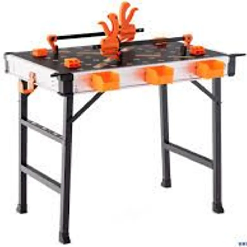 BOXED COSTWAY FOLDING WORK TABLE WITH 2 QUICK CLAMPS, 3 TOOL BOXES AND METAL FRAME - ORANGE