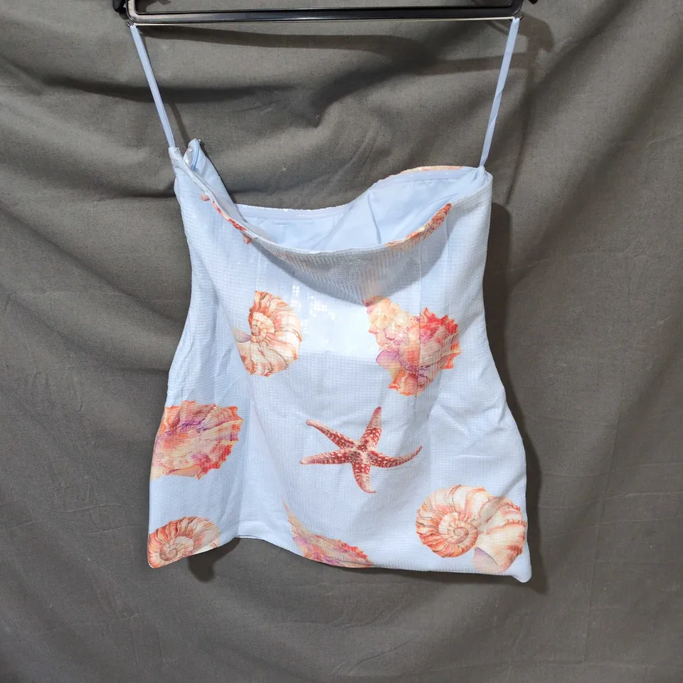 RUNAWAY THE LABEL WOMEN'S LIGHT BLUE SEASHELL & STARFISH PRINT DRESS, SIZE M