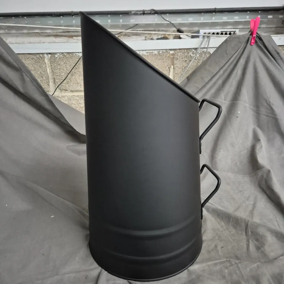 BLACK METAL CYLINDRICAL OUTDOOR STORAGE CONTAINER WITH SIDE HANDLES – OPEN TOP