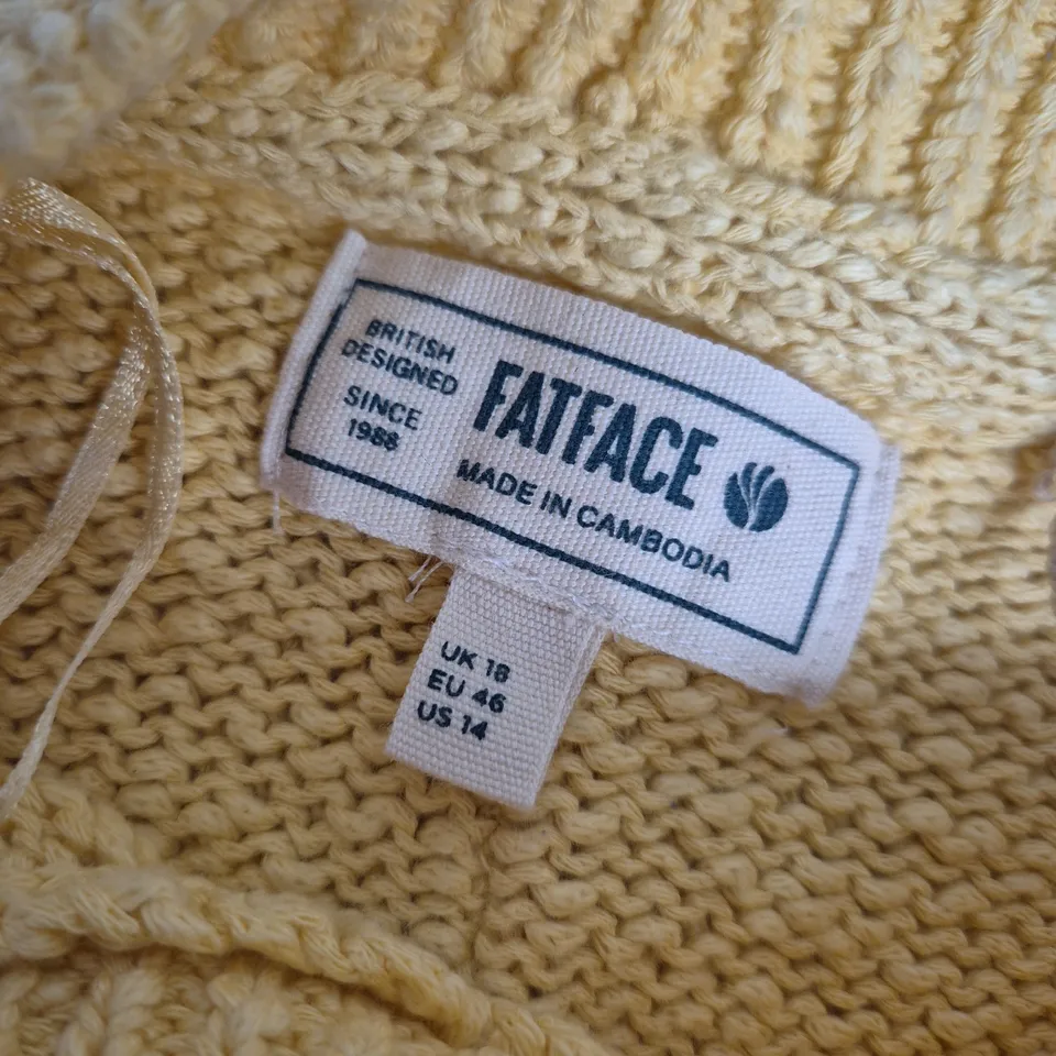 FATFACE WOMEN'S KNITWEAR – YELLOW CABLE KNIT JUMPER, UK 18 (EU 46)