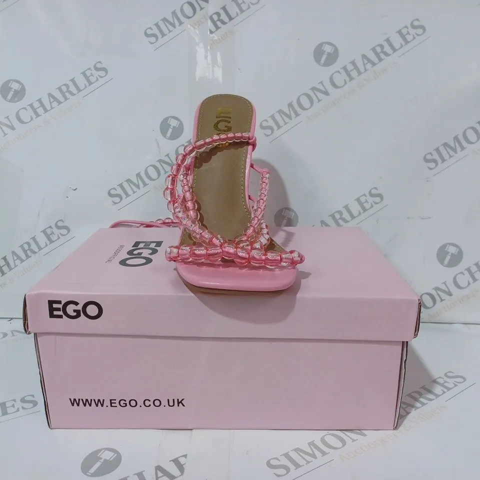 BOXED PAIR OF EGO OPEN TOE HIGH HEEL SANDALS IN PINK W. BEADED EFFECT UK SIZE 4
