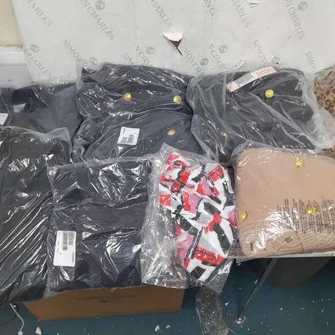 BOX OF APPROXIMATELY 10 ASSORTED BAGGED CLOTHING ITEMS IN VARIOUS STYLES AND SIZES