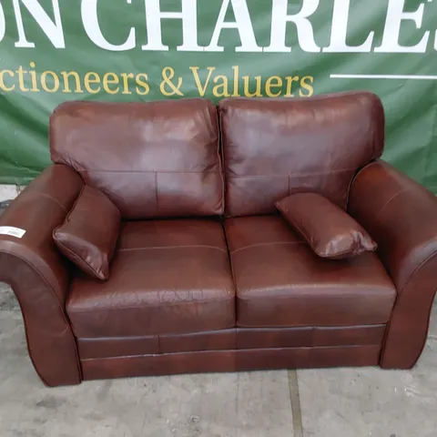 DESIGNER TWO SEATER SCROLL ARM SOFA CHESTNUT LEATHER