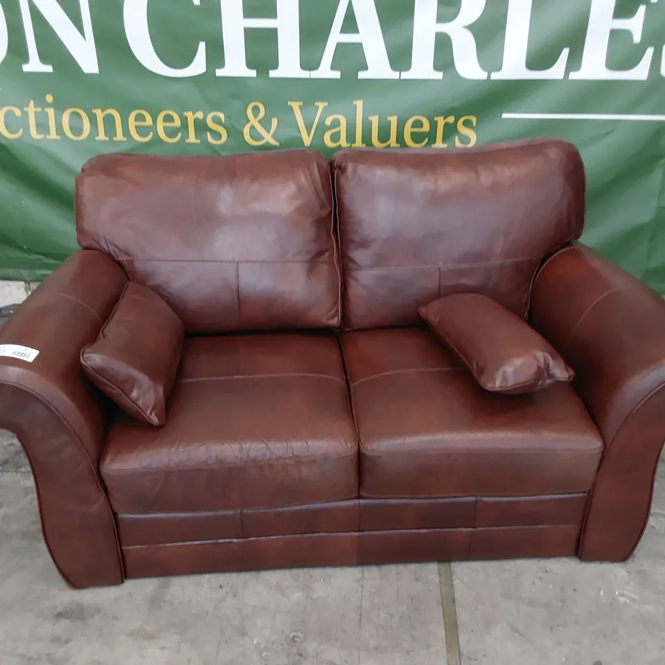 DESIGNER TWO SEATER SCROLL ARM SOFA CHESTNUT LEATHER