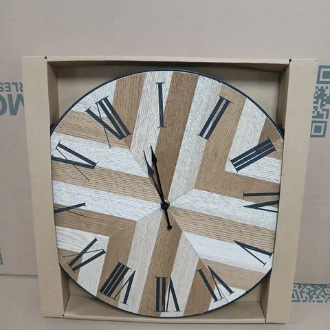 CIRCULAR WOODEN WALL CLOCK WITH PARQUET-STYLE DIAL AND ROMAN NUMERALS
