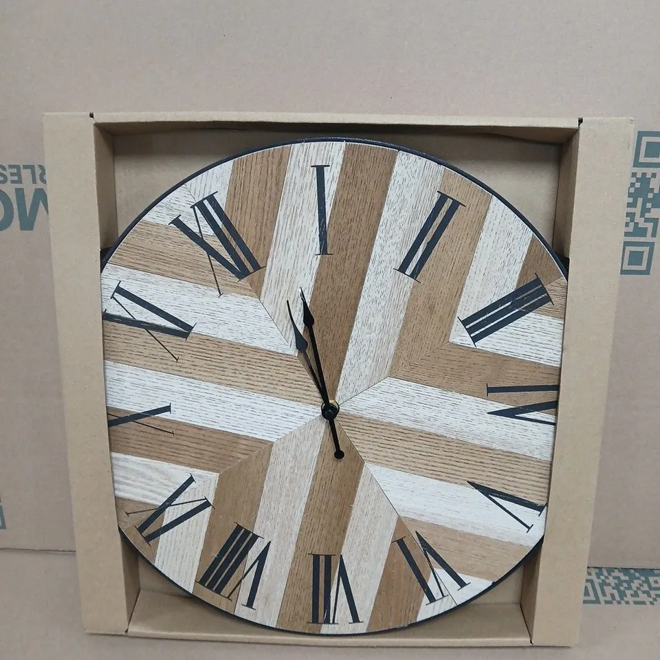 CIRCULAR WOODEN WALL CLOCK WITH PARQUET-STYLE DIAL AND ROMAN NUMERALS