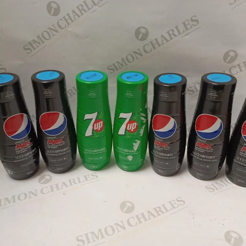 LOT OF 7 SODASTREAM SPARKLING DRINKS MIXS (440ml) TO INCLUDE 5 PEPSI MAX AND 2 7UP
