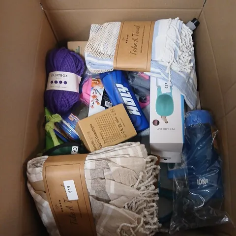 BOX OF APPROXIMATELY 20 ASSORTED ITEMS INCLUDING TAKE A TOWEL , PET CARE CUP AND PAINTBOX YARNS CHUNKY KNIT WOOL