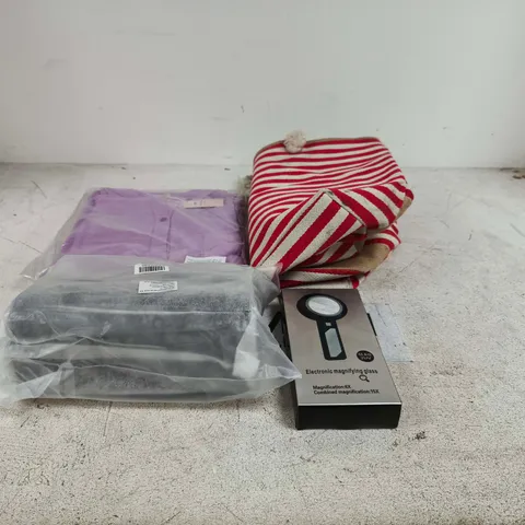 BOX OF APPROXIMATELY 20 ASSORTED ITEMS TO INCLUDE RED/WHITE TOTE BAG, LA MAREY CLOTHING, HANDBAG, ELECTRONIC MAGNIFYING GLASS ETC
