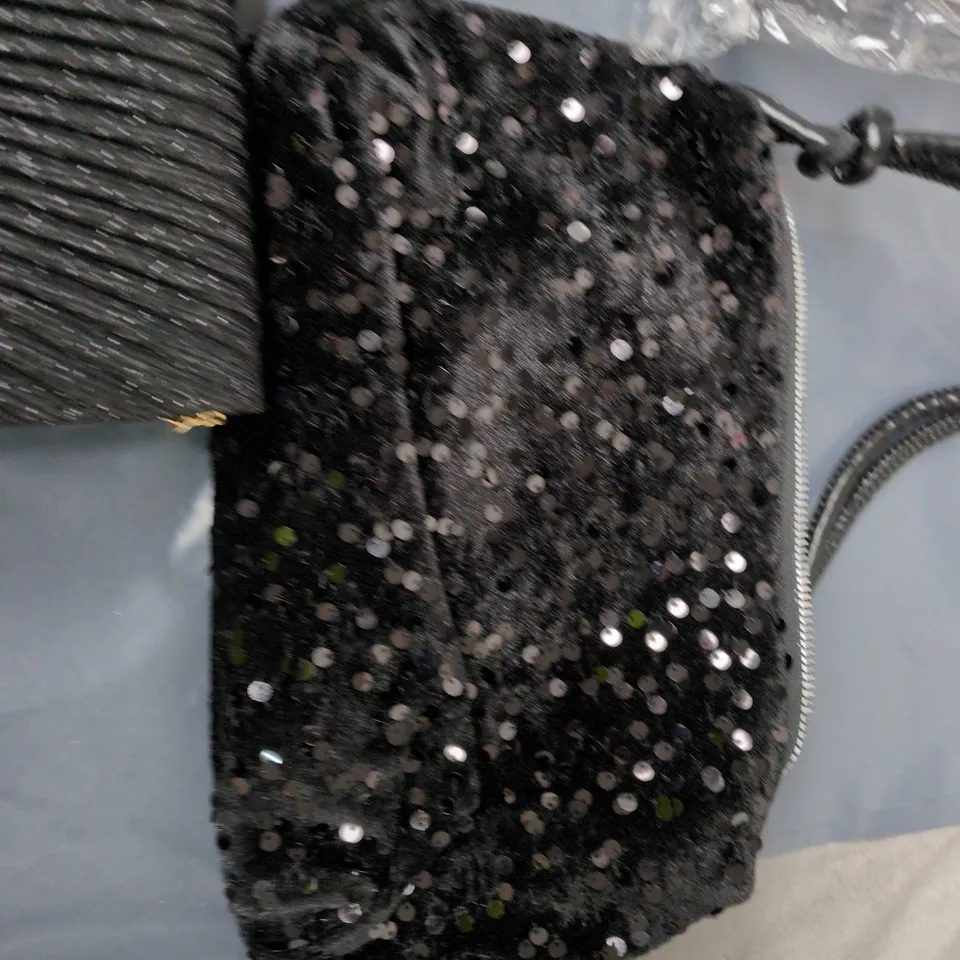 SET OF FIVE WOMEN'S EVENING BAGS/CLUTCHES – BLACK SEQUIN, CHAMPAGNE SATIN & MORE