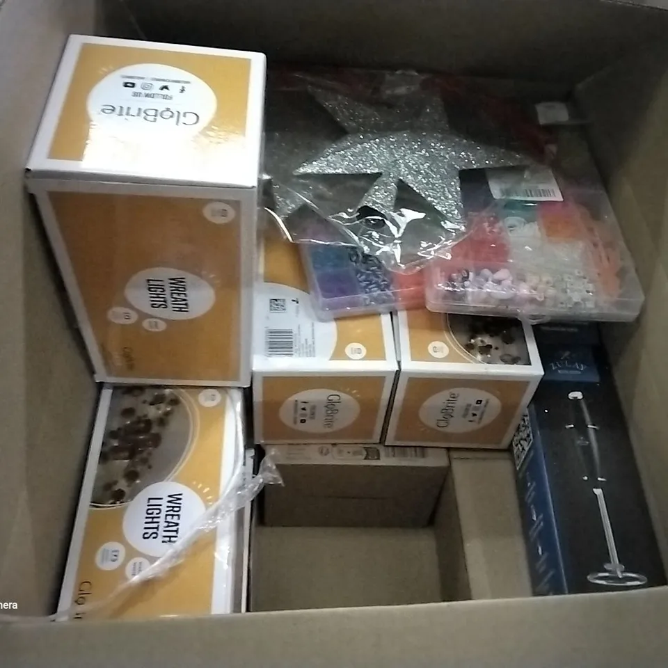 PALLET OF ASSORTED ITEMS INCLUDING WREATH LIGHTS, COLORED RUBBER BANDS, MILK FROTHER, BLACK BATHROOM ACCESSORIES, AMAZON ESSENTIALS SWEATER, SILVER STAR TREE TOPPER