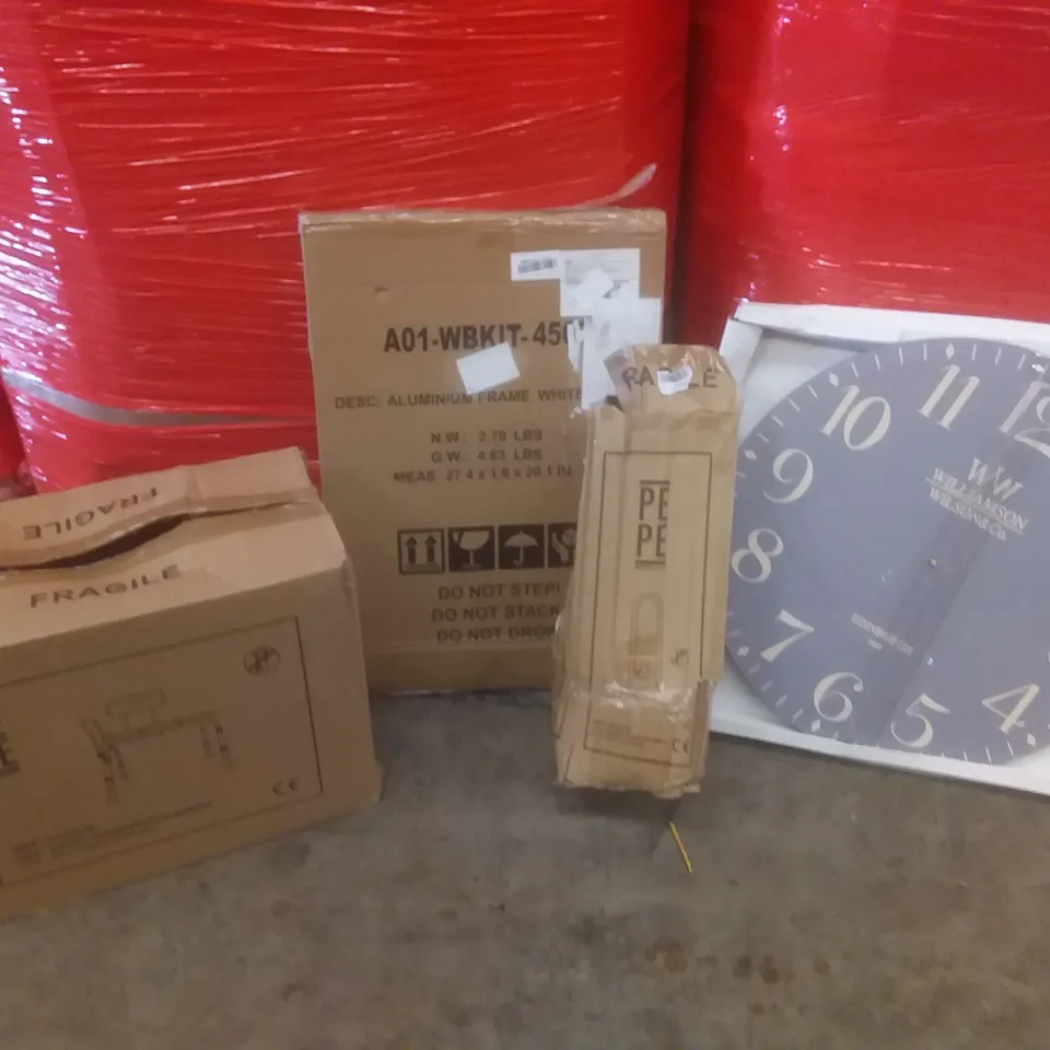 PALLET OF ASSORTED ITEMS INCLUDING BATH TRANSFER BENCH, CLOCK, AIR FRYER