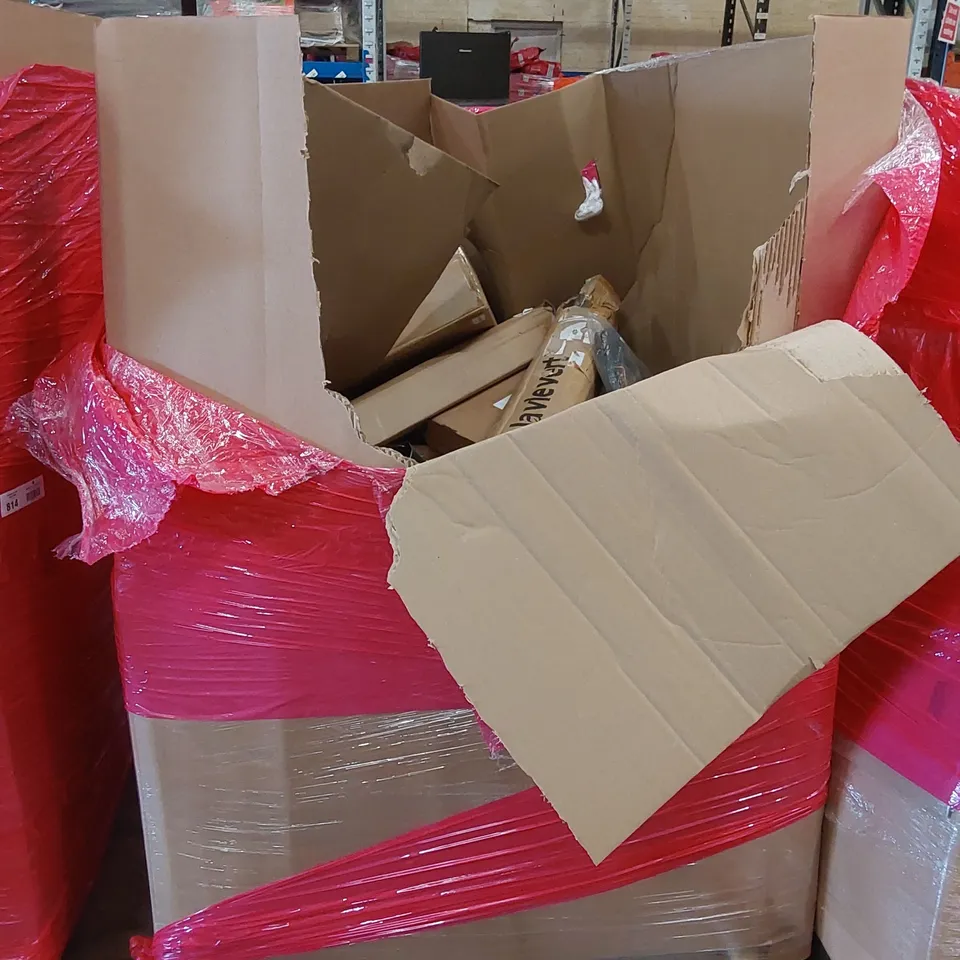 PALLET OF ASSORTED HOUSEHOLD ITEMS AND CONSUMER PRODUCTS TO INCLUDE; TV STANDS, ELECTRIC SANDER, KIDS TRICYCLE, BOXED FURNITURE ETC