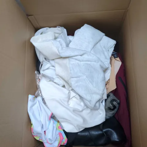 BOX OF CLOTHING WITH BLACK LEATHER HANDBAG – MIXED APPAREL LOT