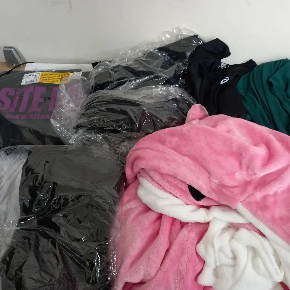 LARGE BOX OF ASSORTED CLOTHING ITEMS IN VARIOUS COLOURS AND SIZES INCLUDING TROUSERS , TOPS AND JUMPERS