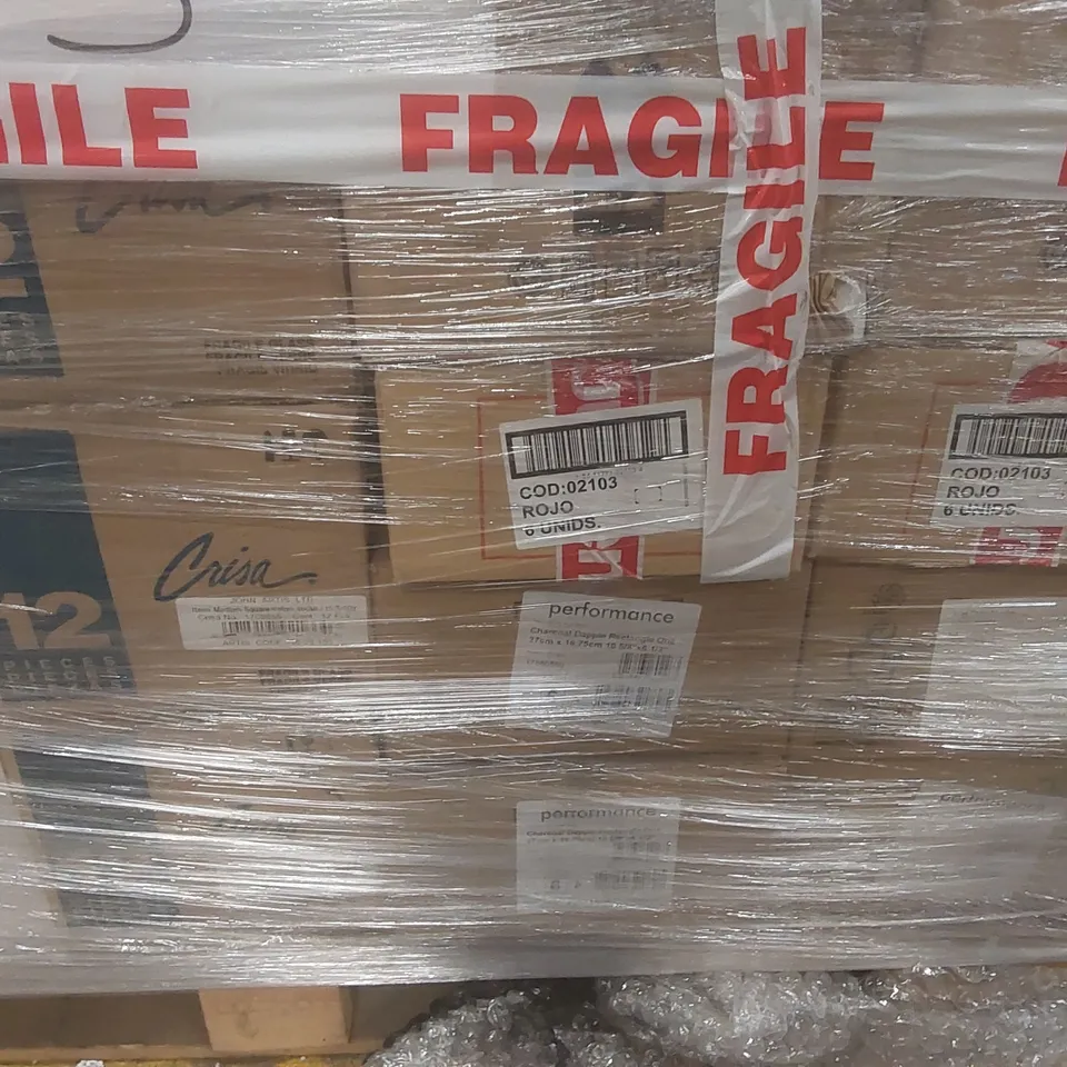 PALLET CONTAINING A VERY LARGE QUANTITY OF ASSORTED CATERING PRODUCTS INCLUDING: VOLLRATH SHALLOW DOUBLE WALL SERVING BOWLS, TRUYS SMALL DISHES, UTOPIA PLATES, OVAL FOOD DISPLAY BOARD ECT