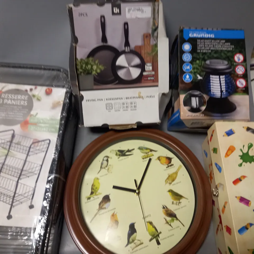 LOT OF ASSORTED HOUSEHOLD ITEMS TO INCLUDE SALTER WHISKER, CHOPPING BOARDS, SOLAR INSECT LAMP AND FRYING PANS