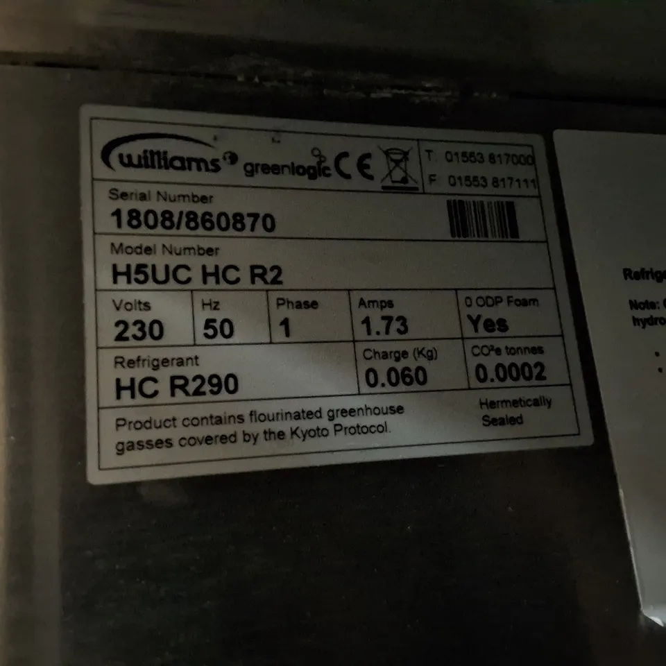 WILLIAMS H5UC HC R2 COMMERCIAL UNDERCOUNTER REFRIGERATOR