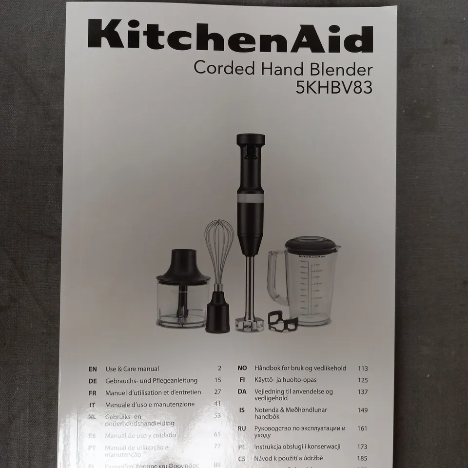 BOXED KITCHEN AID CORDED HAND BLENDER WITH ACCESSORIES