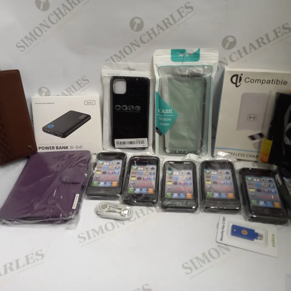 LARGE QUANTITY OF PHONE CASES AND ACCESSORIES TO INCLUDE 10000MAH SLIM POWERBANK, MULTIPLE IPHONE 4S PHONE CASES, WIRELESS CHARGERS, ETC