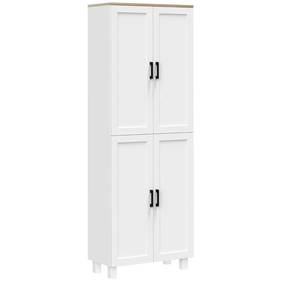 BOXED HOMCOM FREESTANDING KITCHEN CUPBOARD, 4-DOOR STORAGE CABINET ORGANISER WITH ADJUSTABLE SHELVES WHITE WOOD EFFECT (2 BOXES)