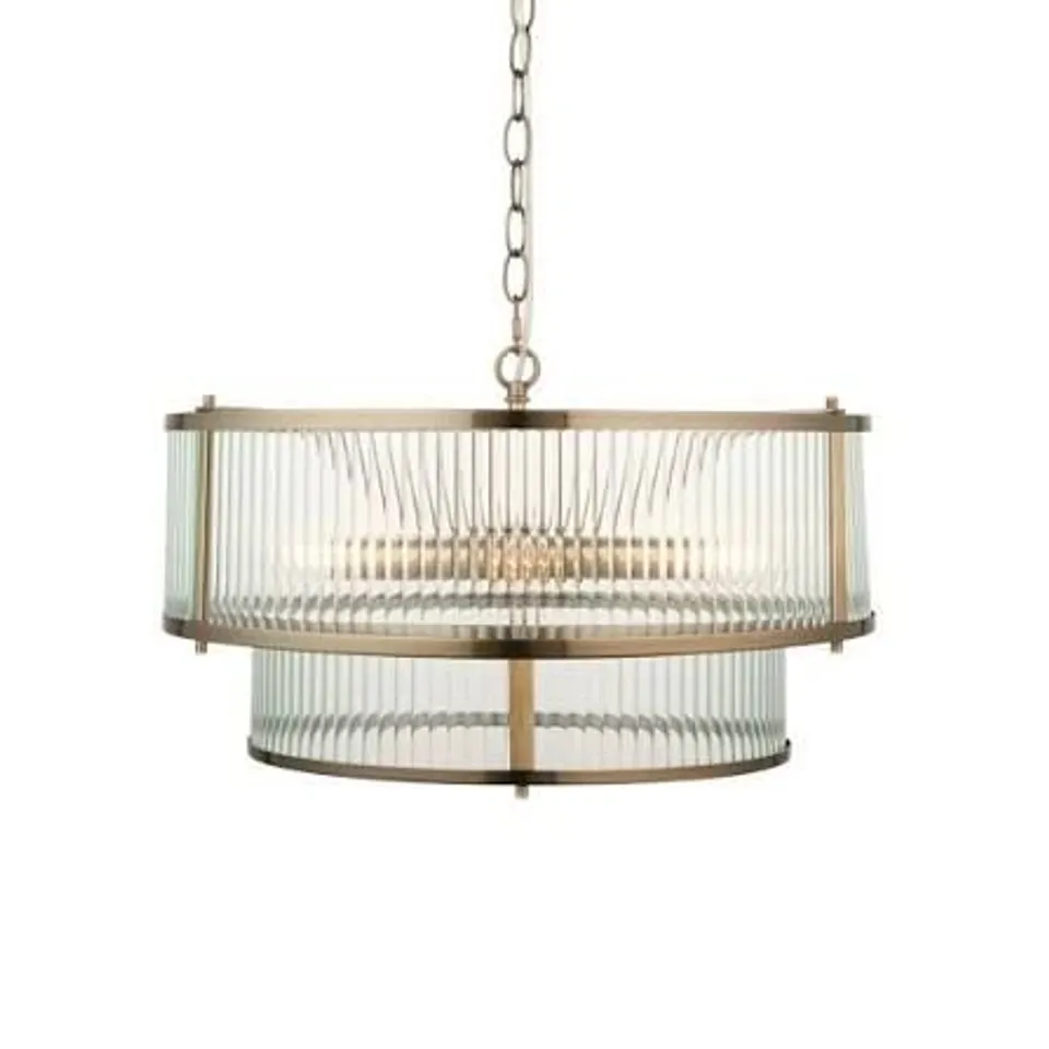 BOXED ENDON LIGHTING RIDGETON ANTIQUE BRASS CLEAR RIBBED GLASS 5 LIGHT CEILING PENDANT LIGHT