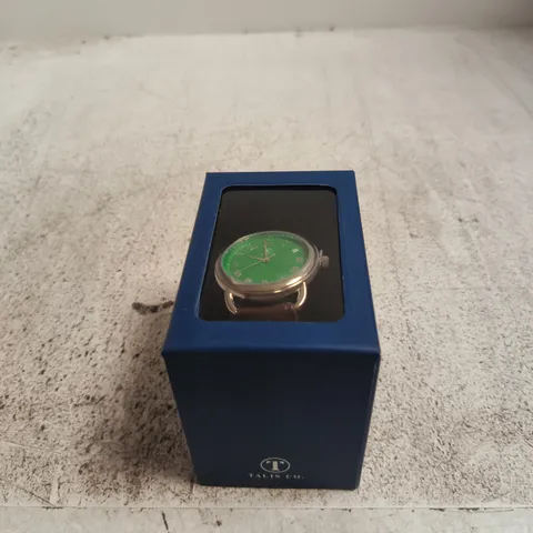 TALIS CO. WRISTWATCH – GREEN DIAL, BROWN LEATHER STRAP, BOXED