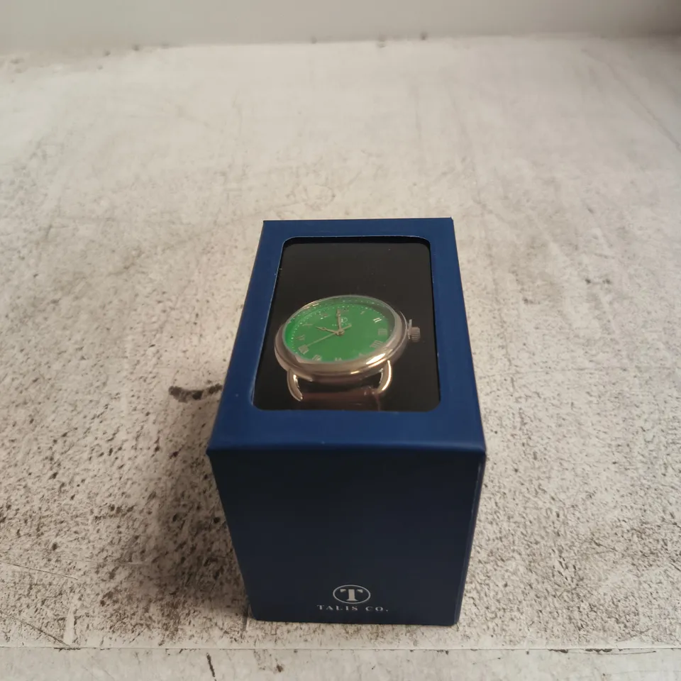 TALIS CO. WRISTWATCH – GREEN DIAL, BROWN LEATHER STRAP, BOXED