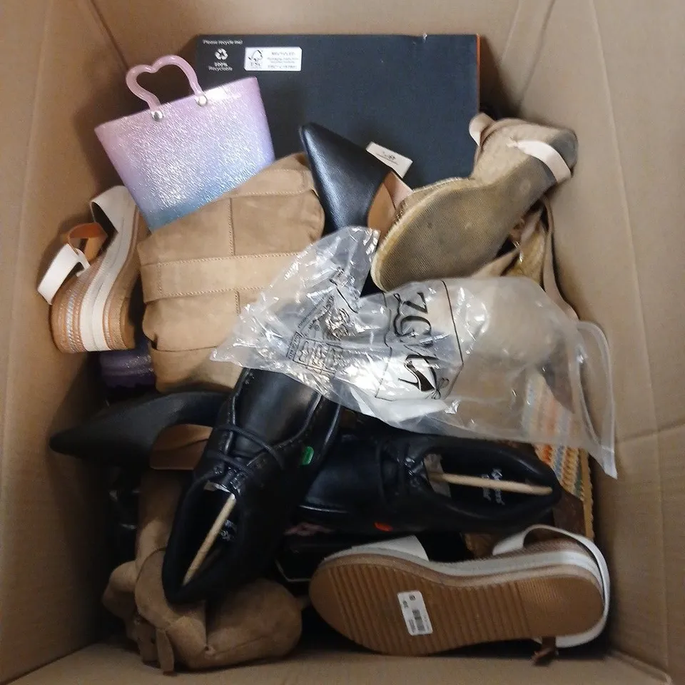 BOX OF APPROXIMATELY 15 ASSORTED PAIRS OF SHOES IN VARIOUS STYLES , COLOURS AND SIZES