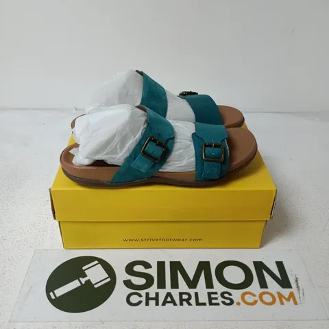 BOXED PAIR OF STRIVE CAPRERA DEEP TEAL VELOUR SANDALS - UK 7