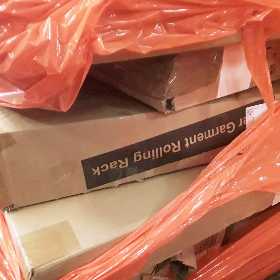 PALLET OF ASSORTED PRODUCTS INCLUDING GARMENT RACK, 3 TIER ROUND SIDE TABLE, ELASTIC SOFA COVER