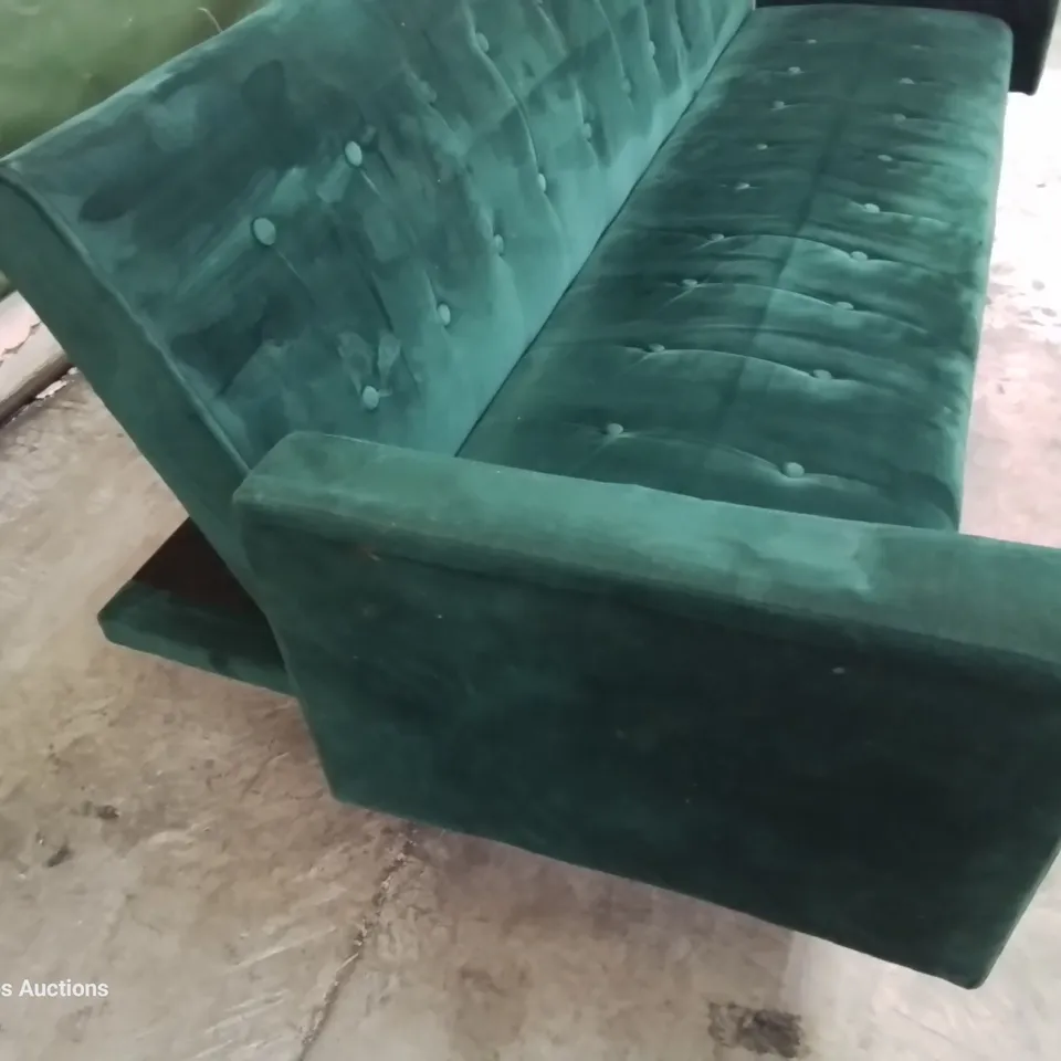 DESIGNER CLEMENTINE THREE SEATER CLIC CLAC SOFA BED BUTTONED GREEN PLUSH FABRIC 